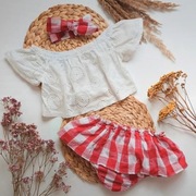 Komplet bluzka hiszpanka bloomersy opaska kratke krata zestaw 86 92 komplet