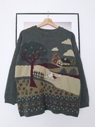 Sweter damski męski okrągły dekolt zielony khaki vintage Italy