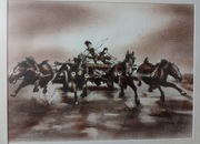 koń CZWÓRKA Chełmoński znakomity rysunek piórko tusz akwarela 51x41 sygn.