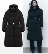 Zara płaszcz puchowy z paskiem, 80%puch+20%pierze, czarny, duże XS jak S/M