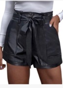 Damskie Kobiece Szorty Ze Sztucznej Skóry Z Paskiem Czarne L