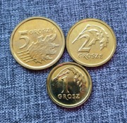 1 gr grosz  2 gr grosze i 5 gr groszy 2013 r RM Royal Mint. TRZY MONETY