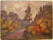 JESIEŃ DROGA I LAS pejzaż 1975r olej 33x45 PEJZAŻ