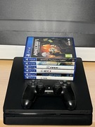 PS4 Slim 1TB + pad + 6 gier – stan idealny, pełne okablowanie