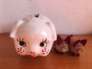 3 świnki kolekcjonerskie ceramiczna skarbonka i dwie drewniane figurki 