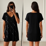 czarna luźna mini sukienka z krótkim rękawem i błyskotkam, 4XL