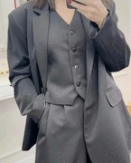 Komplet czarny garnitur Emo szerokie spodnie cyrkonie cekiny marynarka