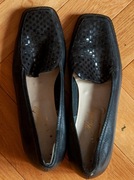 Eleganckie Czarne Skórzane Mokasyny Damskie Kwadratowy Nosek Brocade Włochy