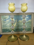 Para stylowych lamp stołowych vintage – szkło i metal, złoto-miodowe klosze