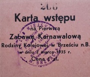 KARTA WSTĘPU NA ZABAWĘ, BRZEŚĆ NAD BUGIEM, 1935 ROK
