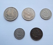 PRL zestaw monet 1949 r. 1 zł 50 gr 20 g 10 gr 5 gr miedzionikiel, brąz