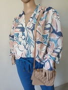 Damska bluzka, kwiaty, liście, długi rękaw bufiasty, dekold V r XL/42