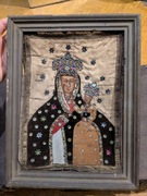 Zabytkowa Matka Boska wyszywana i zdobiona 27x35cm