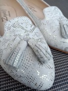 Balerinki lordsy biało srebrne ślub zapato