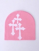Nowa modna różowa uniseks czapka zimowa beanie z motywem 3 krzyży cross y2k