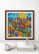 Bajkowe Miasto, obraz ręcznie haftowany krzyżykiem 