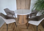 Stół okrągły rozkładany 100–150 cm biały / jasny dąb – bardzo dobry stan