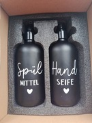 Zestaw 2 szklane butelki z dozownikiem – Handseife Spülmittel.czarne,matowe