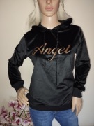 Bluza z kapturem długi rękaw kaptur welur Velvet cekiny napis złoty 