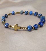 Bransoletka różaniec męska unisex lapis lazuli krzyżyk serduszko hematyt