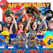 Zestaw Monster Truck Party Supplies 140 sztuk Talerze Kubki Obrus Balony 