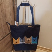 4 PIĘKNE KOTY -nowa torba torebka na zamek z dżinsu-rękodzieło handmade