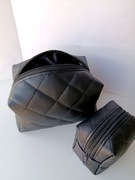 Kosmetyczka duża skórzana pikowana czarna zestaw 
