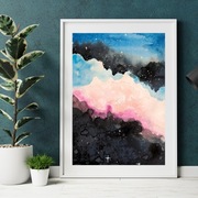 Akwarela oryginalna A4 "Zorza Polarna", obraz, niebo, chmury, gwiazdy