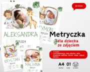 Plakat, Metryczka dla dziecka chrzest, urodziny zwierzęta do druku A4