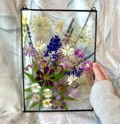 Witraż, dekor z suszonych kwiatów bukiet 