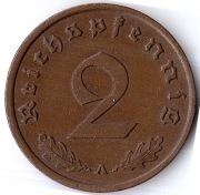 NIEMCY 2 reichspfennig 1938 A, KM# 90, VF