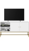 Szafka RTV skandynawska 120 cm – biała ze złotymi detalami, 2 drzwi