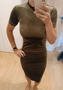 Zara welurowa midi sukienka złota khaki aksamitna s