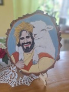 Obraz malowany ręcznie na drewnie. Jezus z owieczką 