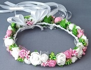 Biało zielono różowy wianek, wianuszek komunijny