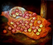 ''Jabłka na szkarłatnej  tkaninie''-olej 120/100cm