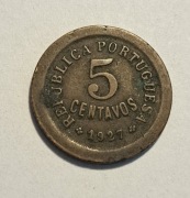 763. Moneta Portugalia 5 centavos 1927 rok 