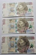Banknot 500 zł AA - 3 sztuki