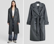 BERSHKA trencz prochowiec NOWY szary skóra eko długi skórzany XS/34