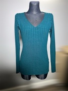 Prążkowana bluzka damska M butelkowa zieleń dekolt v elastyczna klasyczna