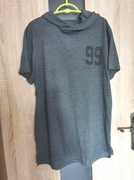Szary długi t-shirt z kapturem, na krótki rękaw rozmiar L