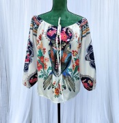 Kolorowa bluzka S M kwiaty ptaki papugi papuga luźna hiszpanka