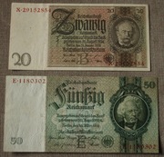 NIEMCY - zestaw 20 Marek z 1929 r seria X i 50 Marek z 1933 seria E- ŁADNE