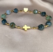 Bransoletka różaniec kamienie agat mszysty krzyżyk serduszko prezent 