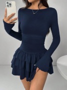 EZwear sukienka damska granatowa falbana długi rękaw XS elegancka