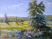 Obraz olejny ręcznie malowany szpachlą, strukturalny „Sielski pejzaż” 50x40