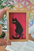 Mini obraz olejny Czarny Kot ręcznie malowany prezent tiny painting 1