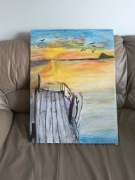 Spacer po pomoście o zachodzie słońca - obraz na płótnie, oryginał 