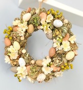 Wiosenny wielkanocny wianek stroik  pleciona trawa boho folk ecru kremowy