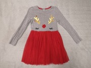 Szara czerwona elegancka świąteczna tiulowa sukienka renifer 134